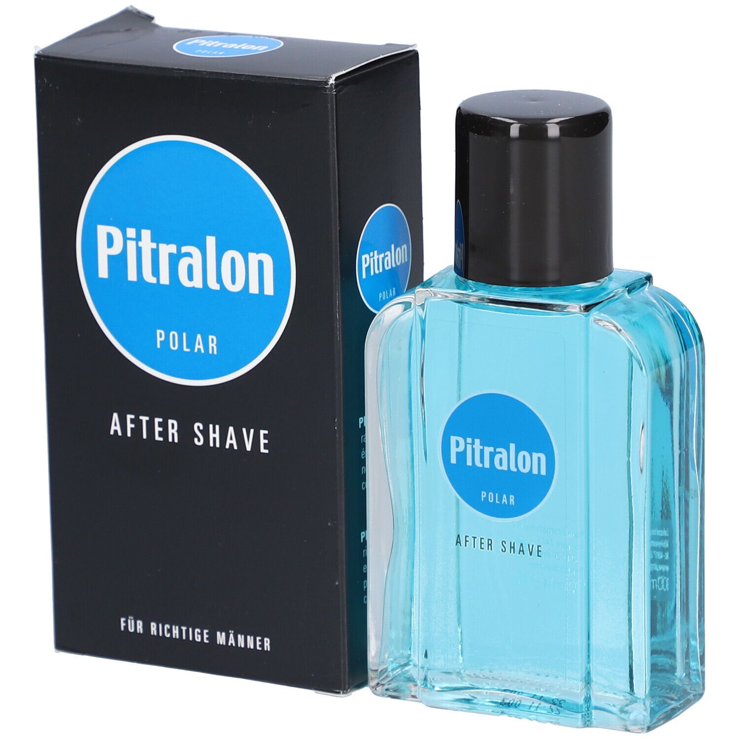 Flakon mit blauer Flüssigkeit und schwarzem Verschluss, neben schwarzer Schachtel mit blauem Logo.