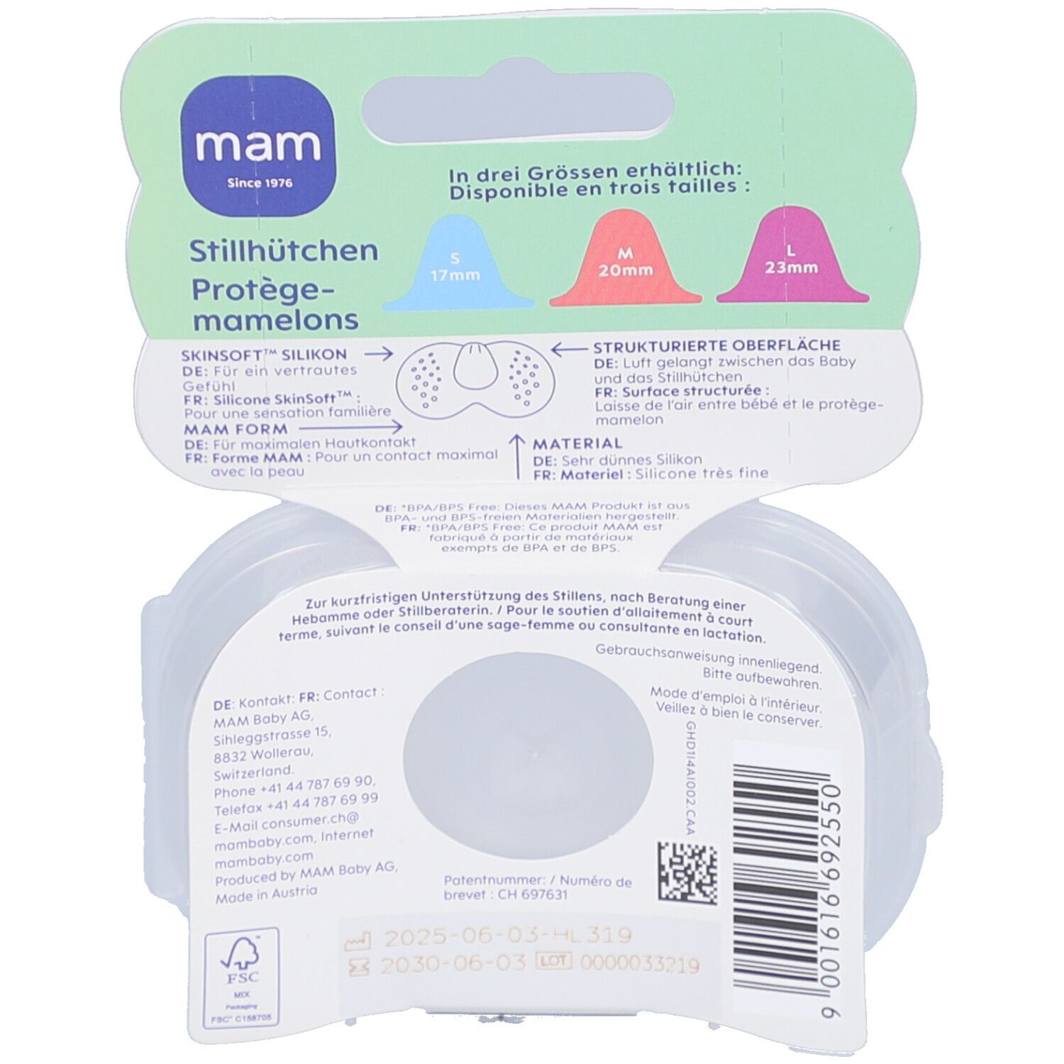 MAM Stillhütchen-Verpackung mit Größen S (17mm), M (20mm), L (23mm) und Materialinformationen.