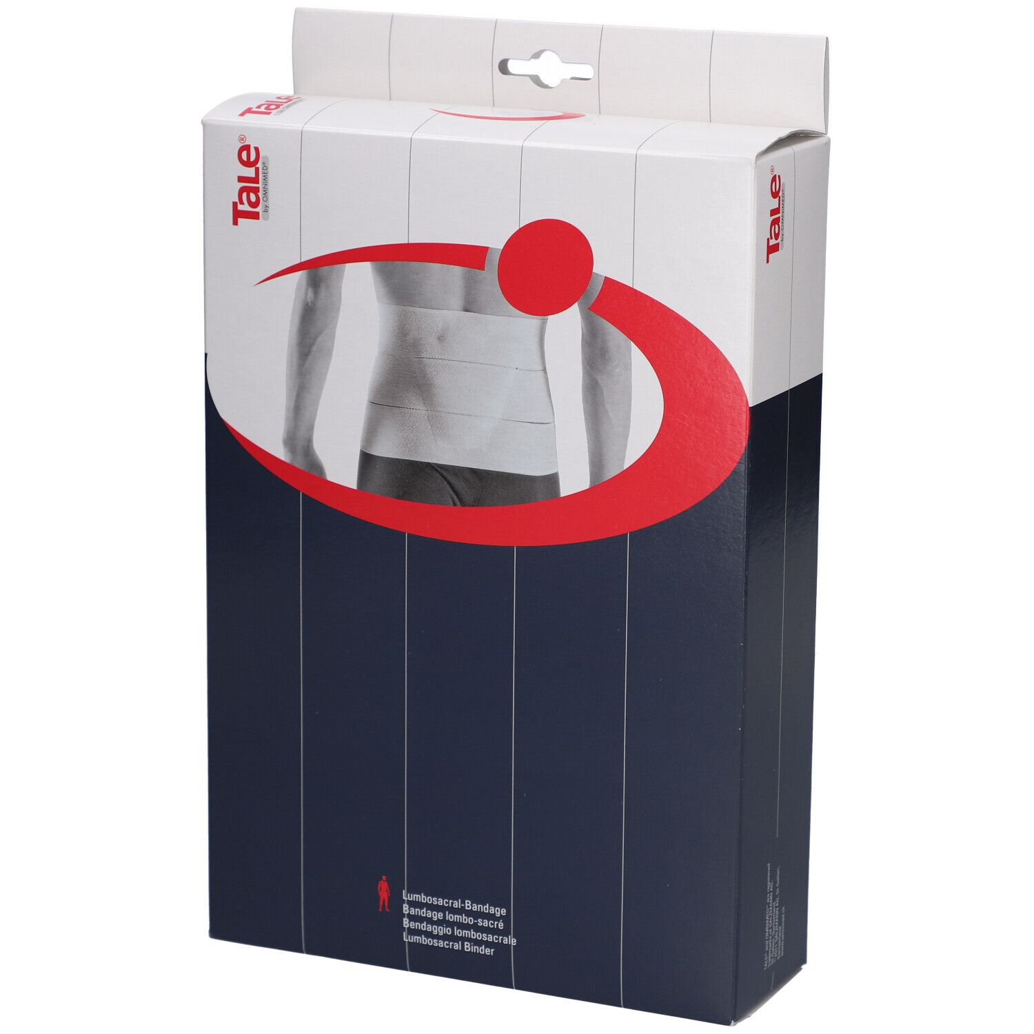 Emballage avec image du produit. Marque Tale®. Cercle et arc rouges. Produit : Bandage lombo-sacré. Modèle de bandage blanc.