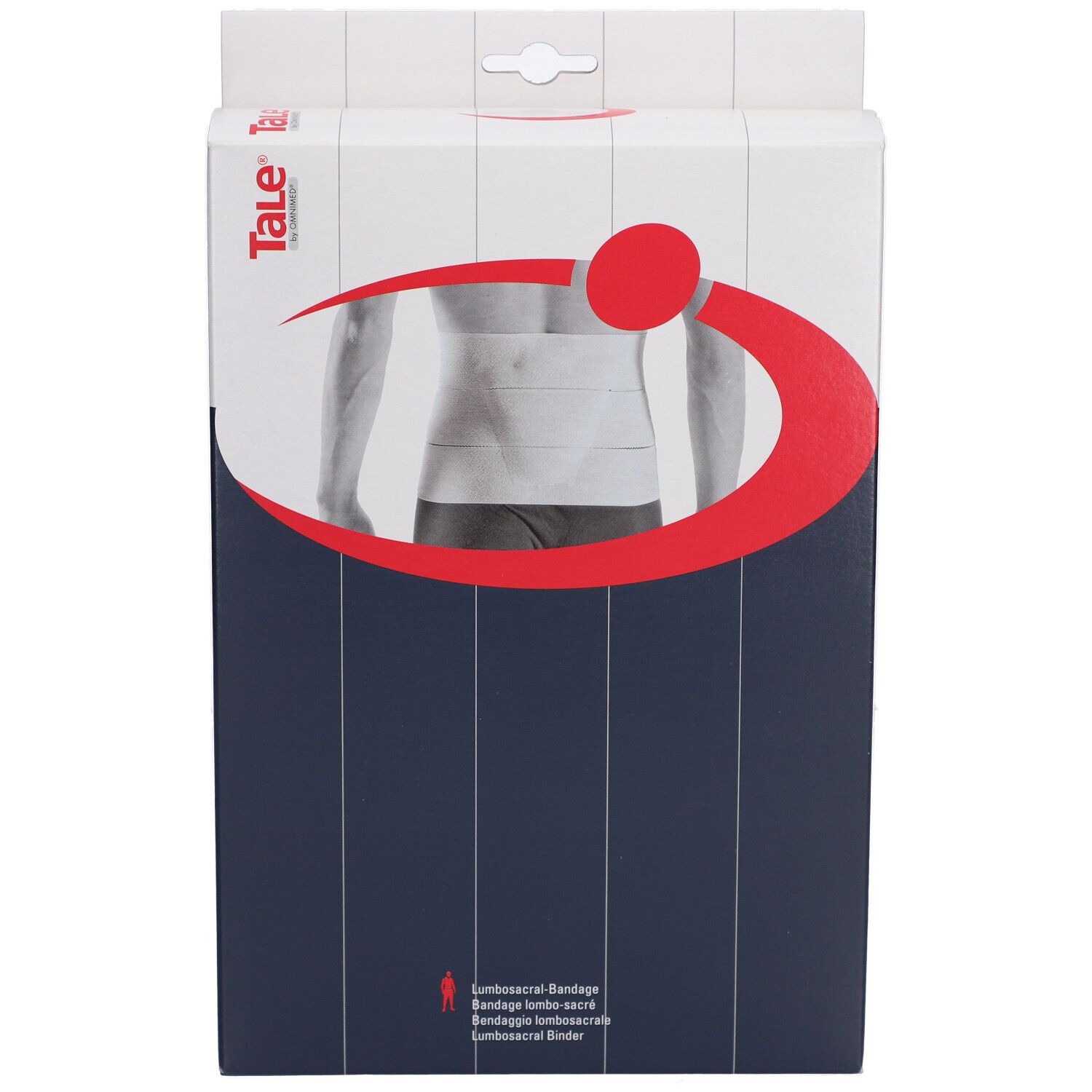 Emballage avec image du produit. Marque Tale®. Cercle et arc rouges. Produit : Bandage lombo-sacré. Modèle de bandage blanc.