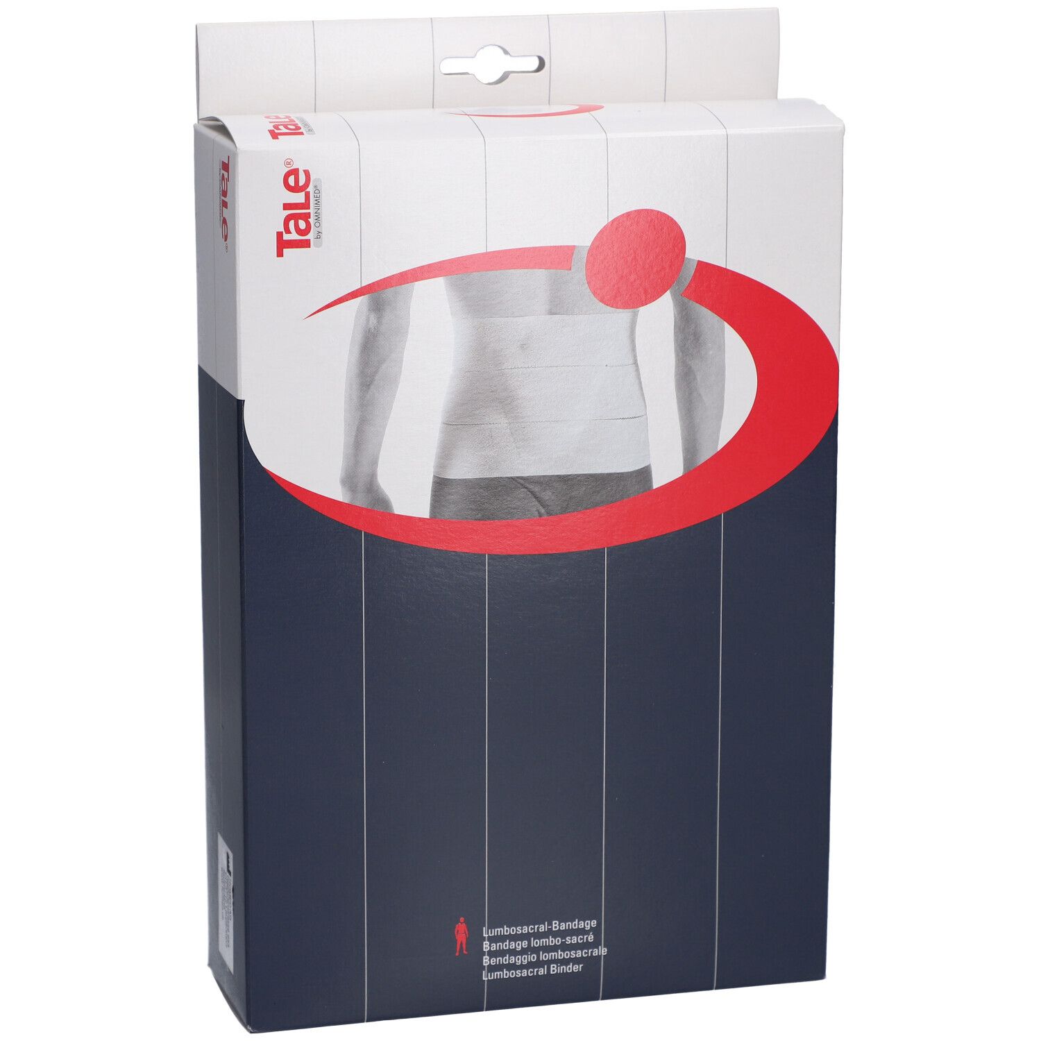 Emballage avec image du produit. Marque Tale®. Cercle et arc rouges. Produit : Bandage lombo-sacré. Modèle de bandage blanc.