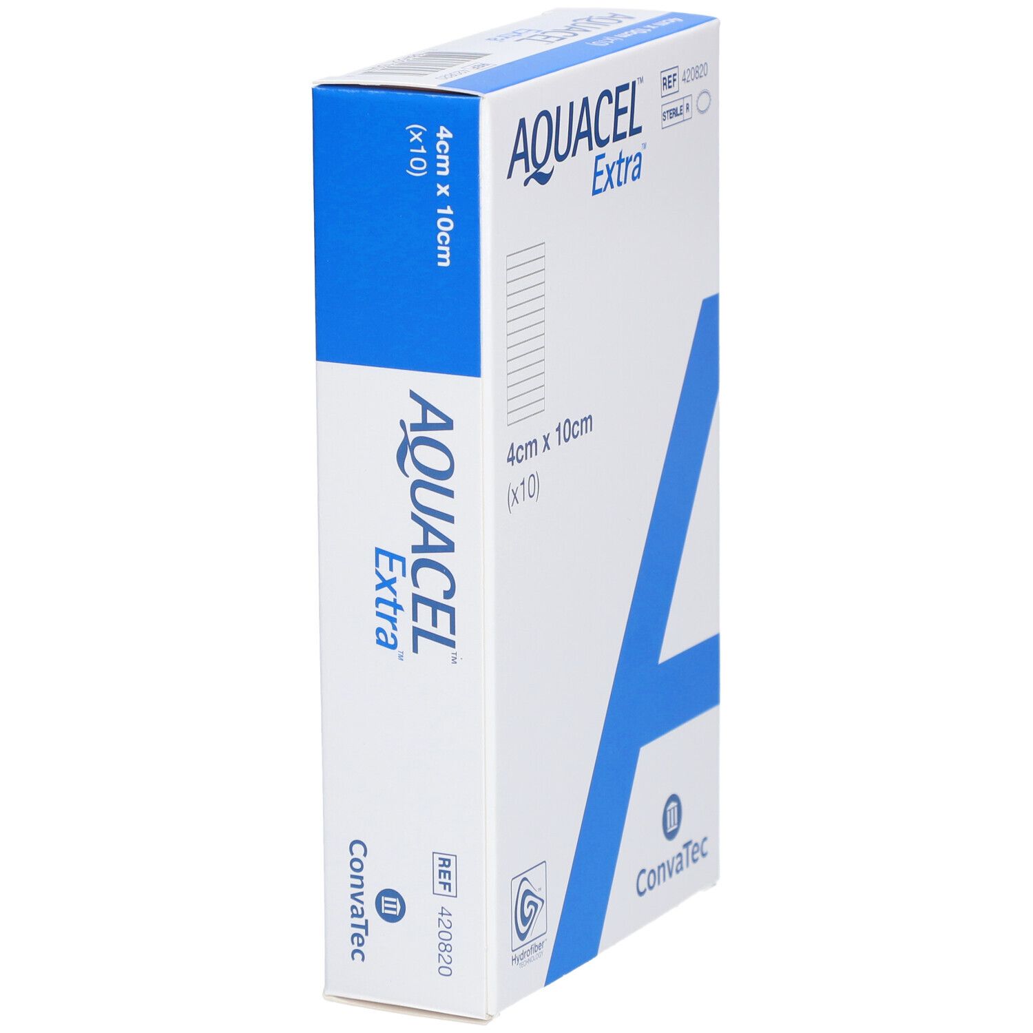 AQUACEL Extra Verpackung, 4cm x 10cm, x10. Blaue diagonale Linie, Produktname und Größe.