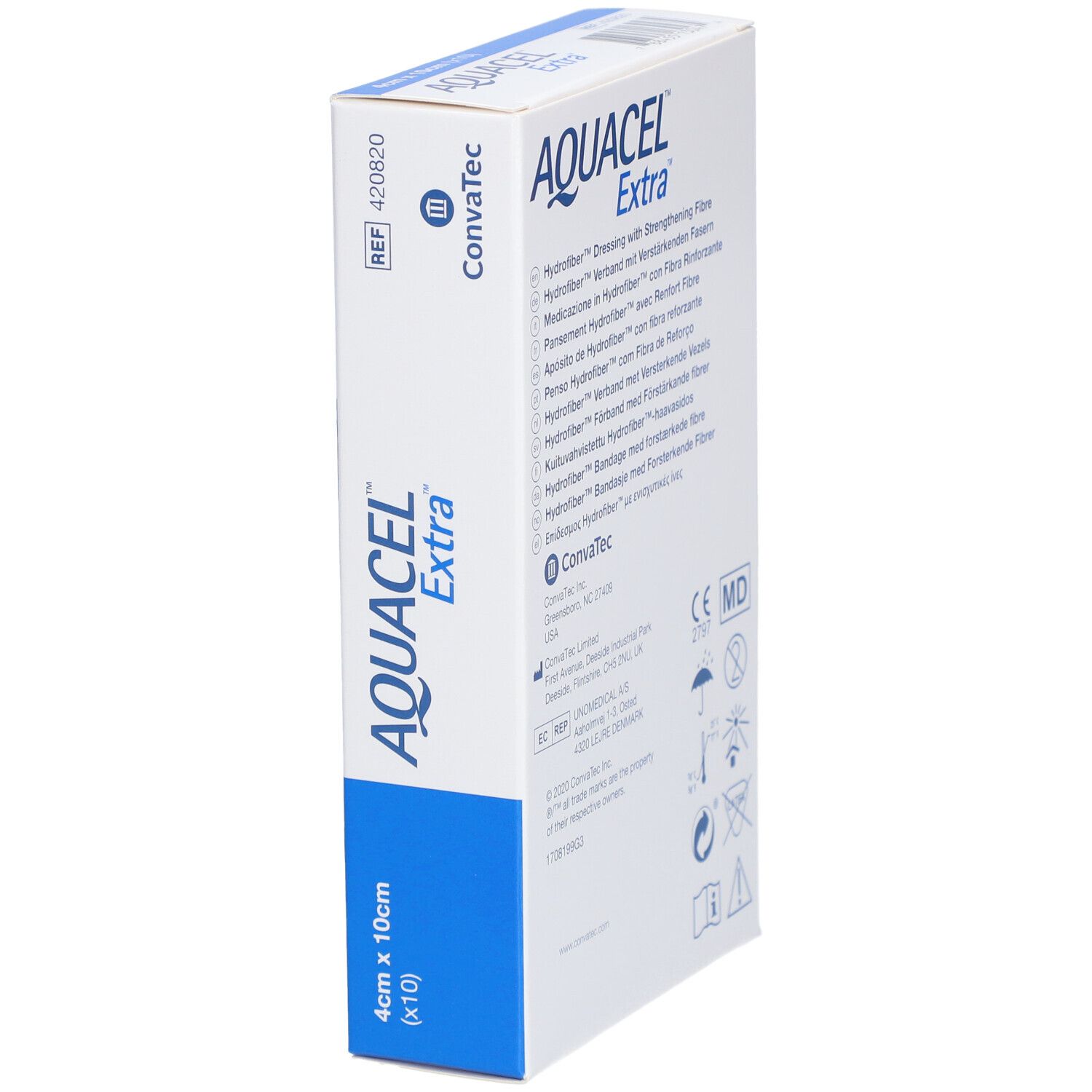 AQUACEL Extra Verpackung, Seitenansicht. Produktname, Größe, Herstellerinformationen, CE-Kennzeichnung.