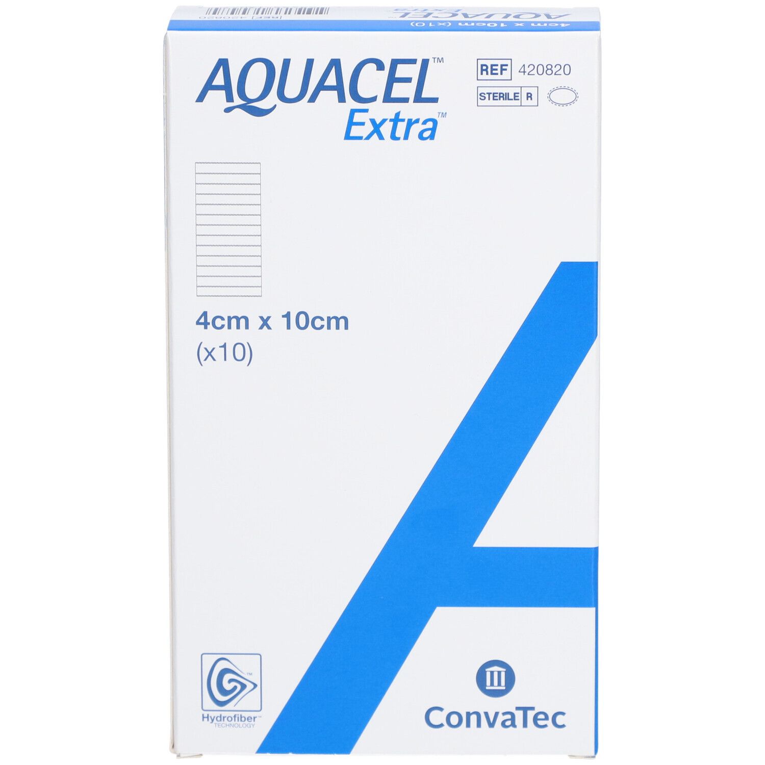 AQUACEL Extra Verpackung, 4cm x 10cm, x10. Blaue diagonale Linie, Produktname und Größe.