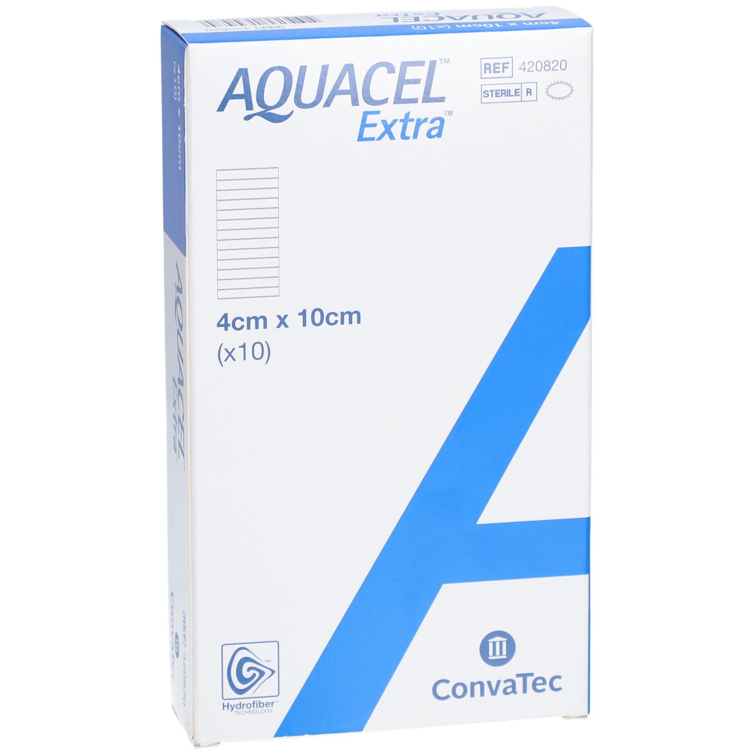 AQUACEL Extra Verpackung, 4cm x 10cm, x10. Blaue diagonale Linie, Produktname und Größe.