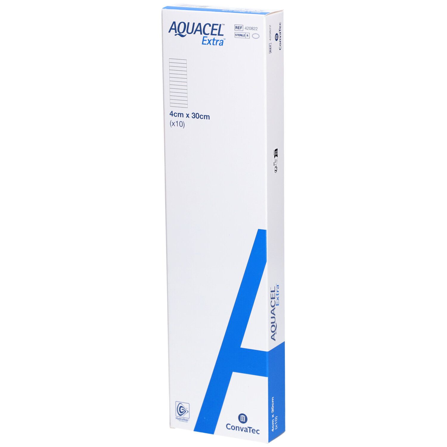 Verpackung mit AQUACEL Extra Hydrofiber Verband. Größe: 4cm x 30cm (x10). Marke und Logo sichtbar.