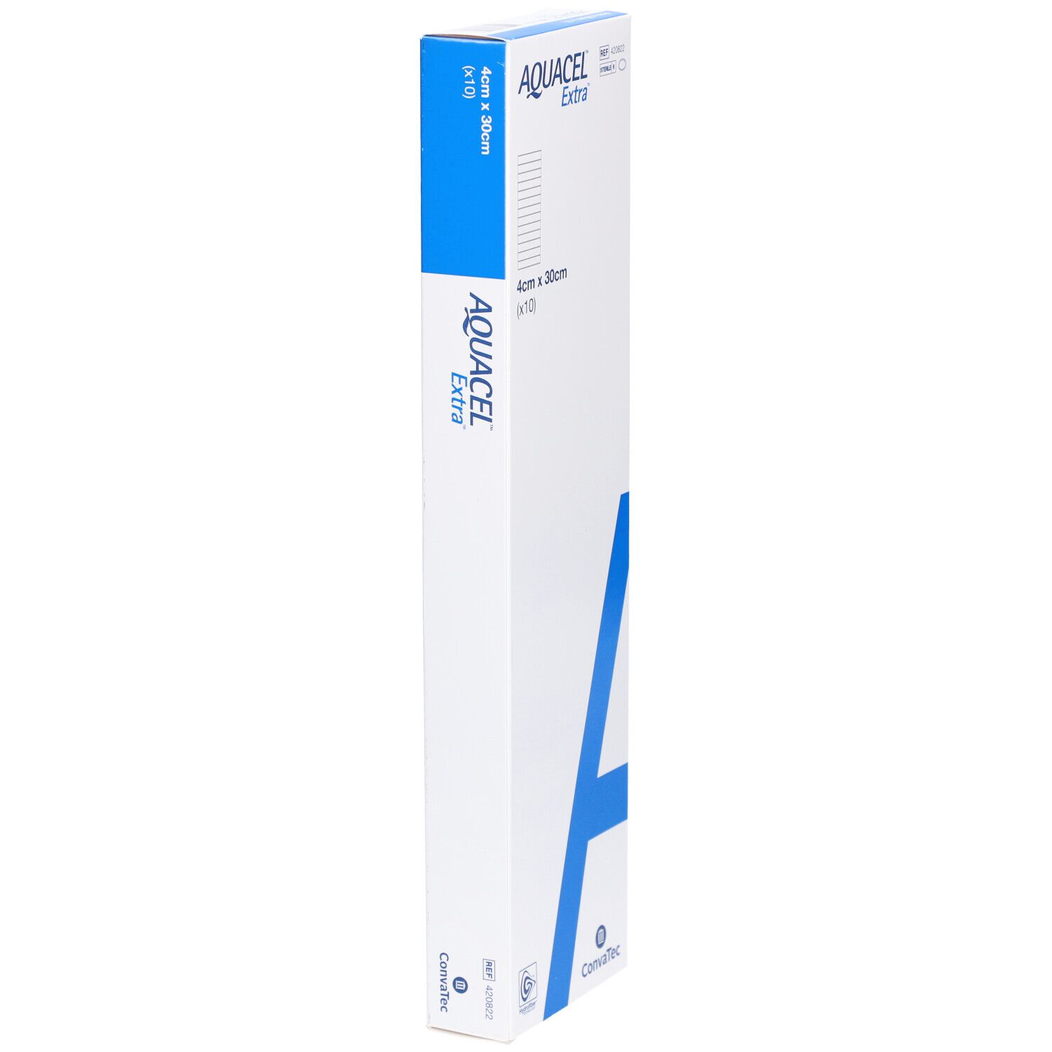 AQUACEL Extra Hydrofiber Verband Verpackung. Blaue Akzente. Größe: 4cm x 30cm (x10). Marke und Logo.
