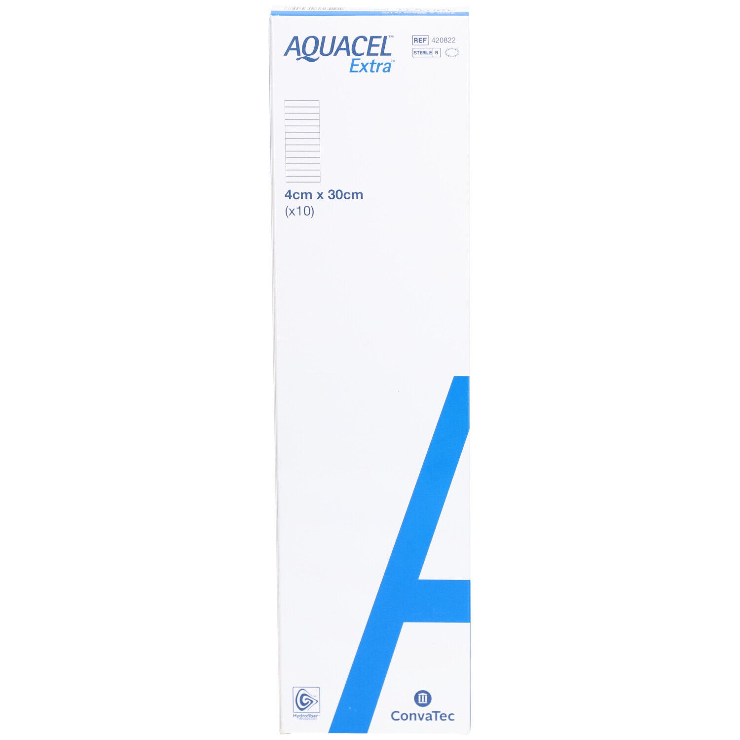 AQUACEL Extra Hydrofiber Verband Verpackung. Größe: 4cm x 30cm (x10). Marke und Logo sichtbar.