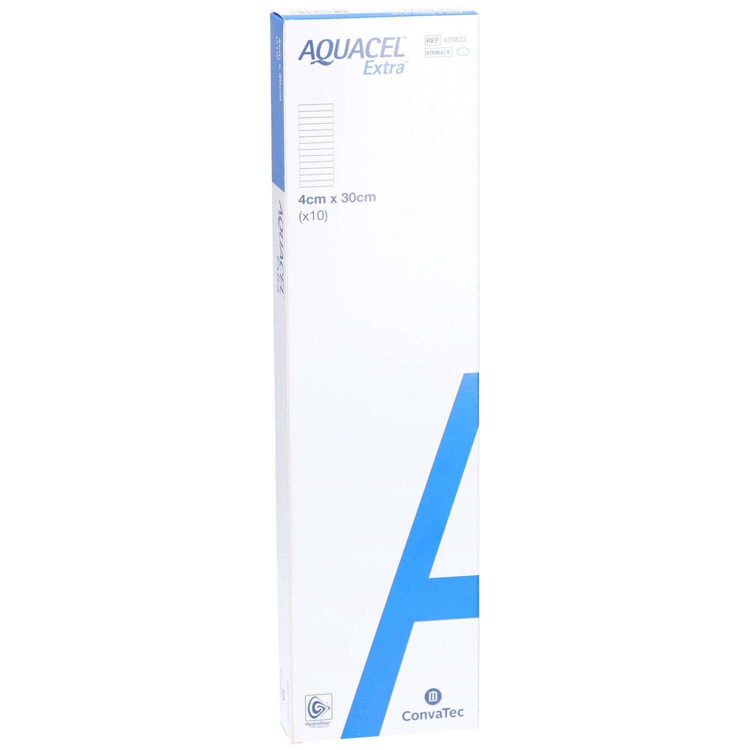 AQUACEL Extra Hydrofiber Verband Verpackung. Größe: 4cm x 30cm (x10). Marke und Logo sichtbar.