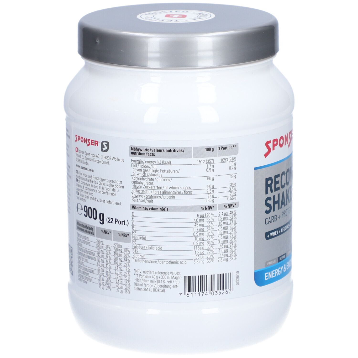 Rückseite des weißen Produktbehälters. Enthält Nährwertangaben und Informationen. Aufschrift: SPONSER, 900 g.