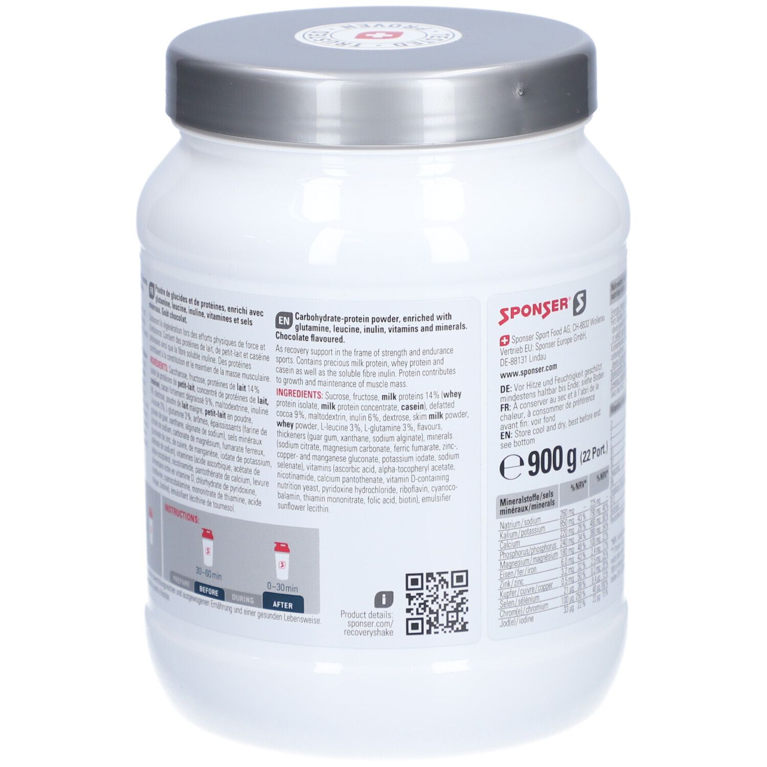 Rückseite des weißen Produktbehälters. Enthält Zutatenliste und Zubereitungshinweise. Aufschrift: SPONSER, 900 g.