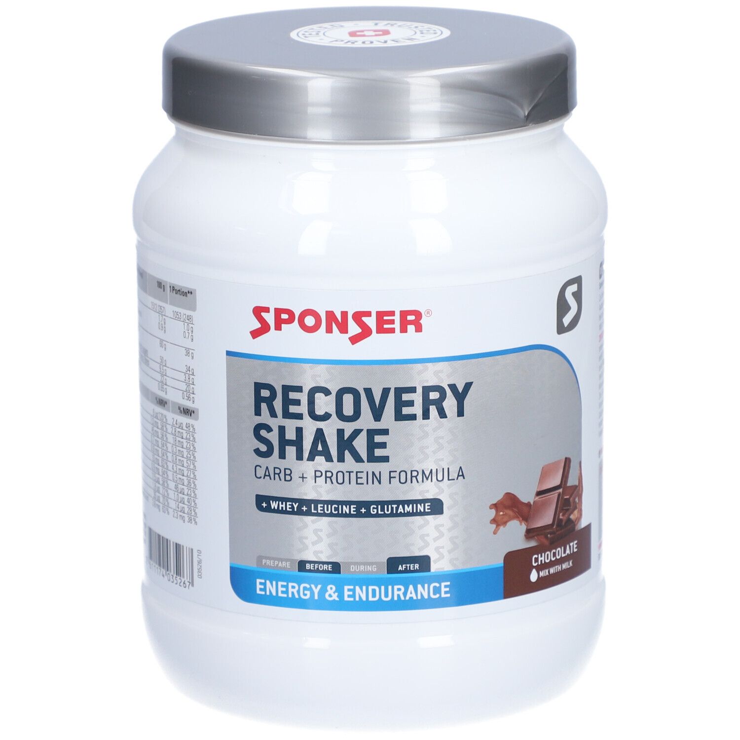 Weißes Produktbehälter mit silbernem Deckel. Aufschrift: SPONSER, RECOVERY SHAKE, Carb + Protein Formula. Schokoladen-Illustration.