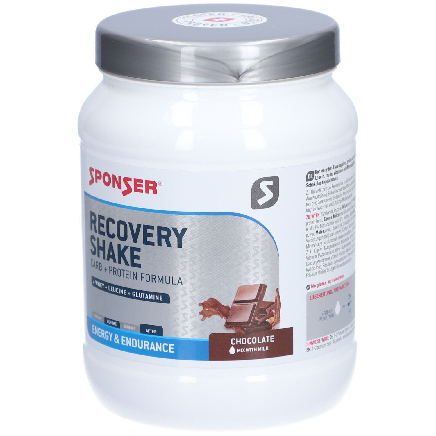 Weißes Produktbehälter mit silbernem Deckel. Aufschrift: SPONSER, RECOVERY SHAKE, Carb + Protein Formula. Schokoladen-Illustration.