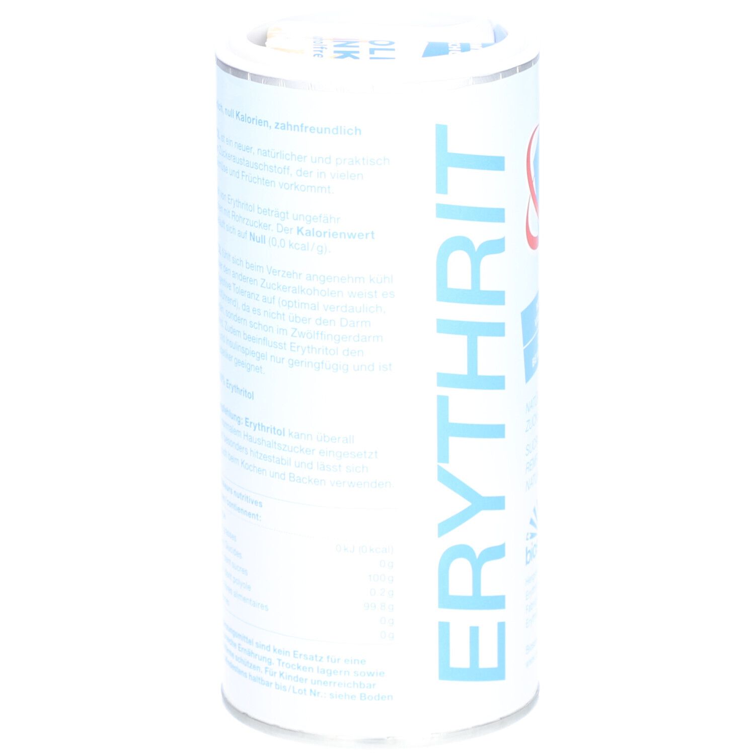 Boîte cylindrique, texte: informations sur l'érythritol. Ingrédients: 100% érythritol. Informations nutritionnelles. Code-barres.