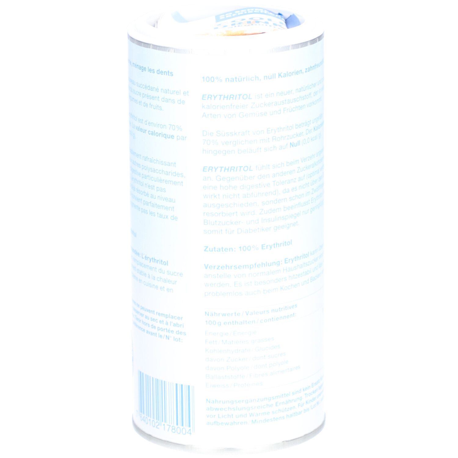 Boîte cylindrique, texte: informations sur l'érythritol. Ingrédients: 100% érythritol. Code-barres.