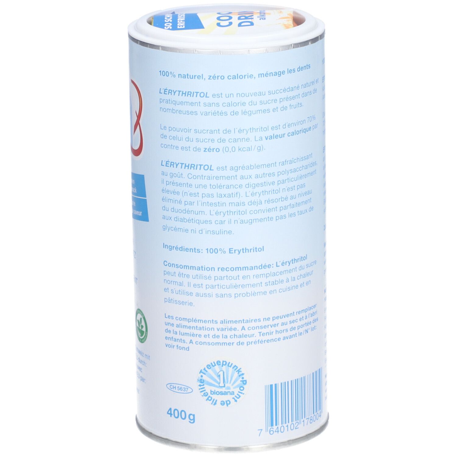 Boîte cylindrique, texte: informations sur l'érythritol. Ingrédients: 100% érythritol. Poids: 400g. Code-barres.