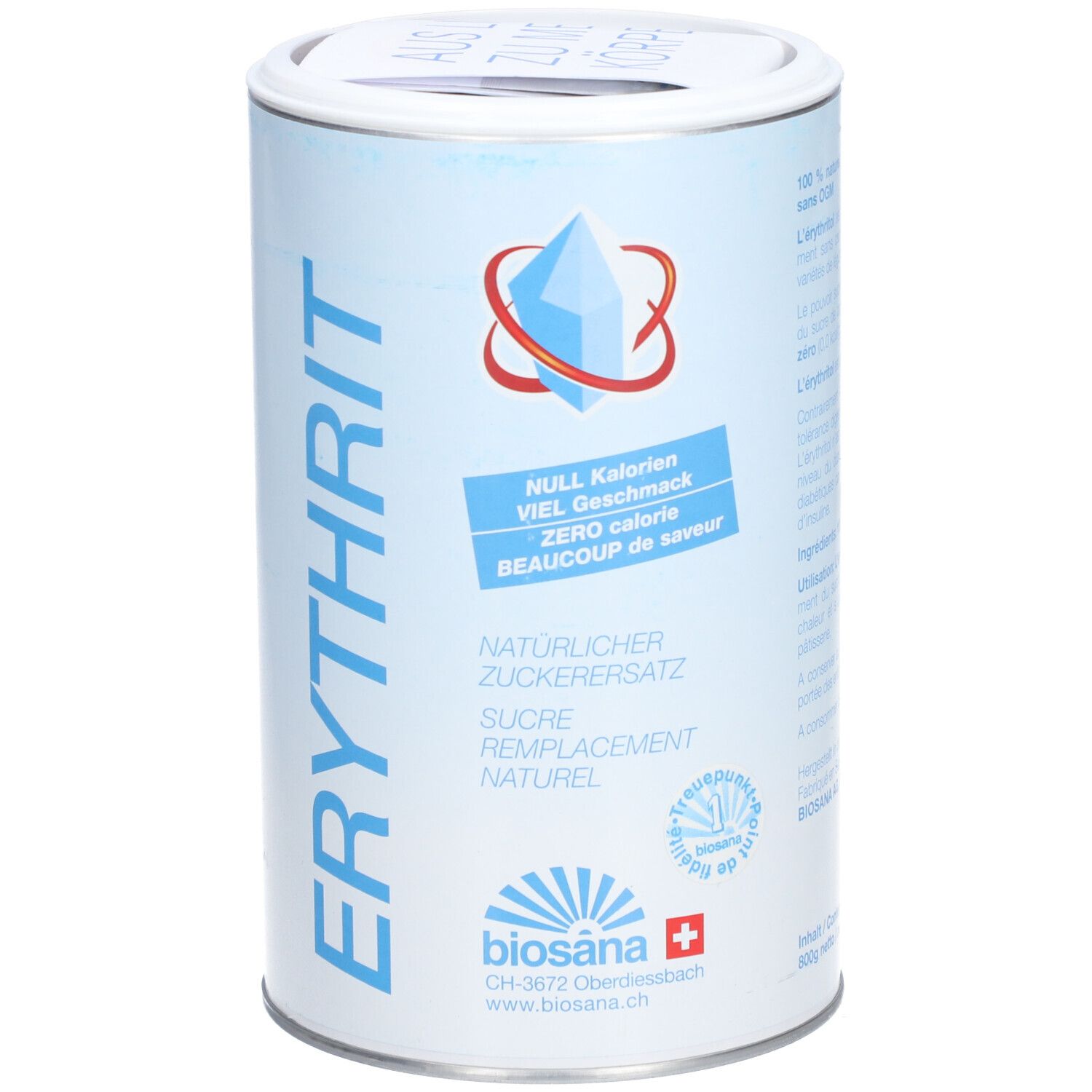 Boîte cylindrique avec étiquette bleue. Inscription : Erythrit, zéro calorie, beaucoup de saveur. Logo et nom de la marque.