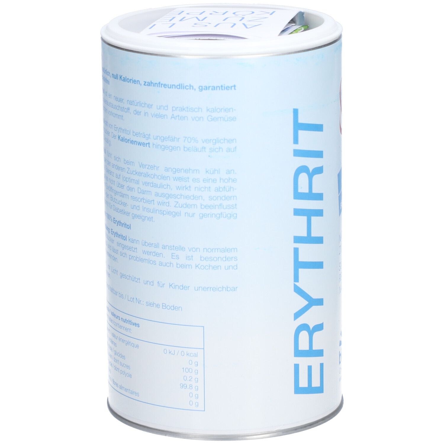Boîte cylindrique avec étiquette bleue. Texte : Erythritol, informations sur les calories, respectueux des dents. Texte en allemand.
