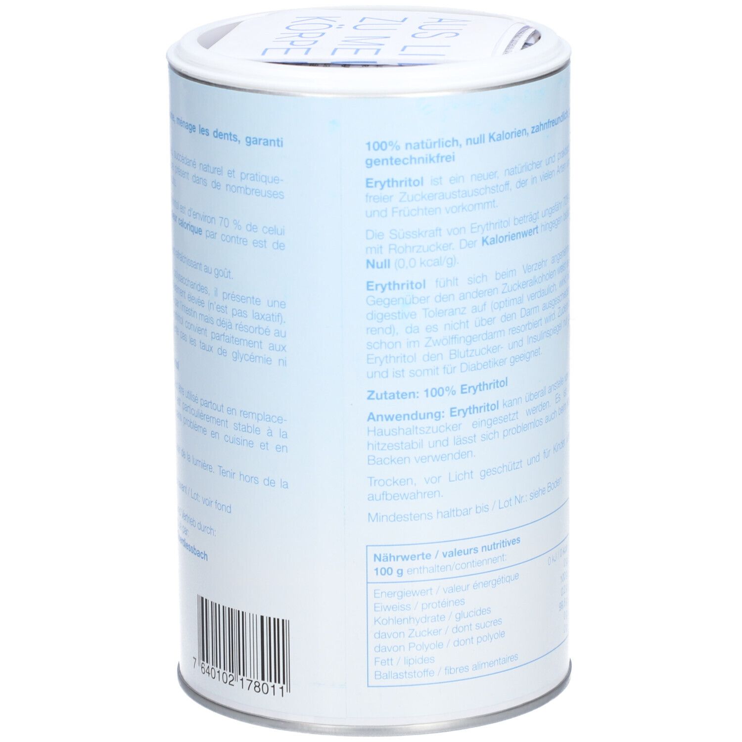 Boîte cylindrique avec étiquette bleue. Texte : 100% naturel, zéro calorie, respectueux des dents. Tableau nutritionnel.