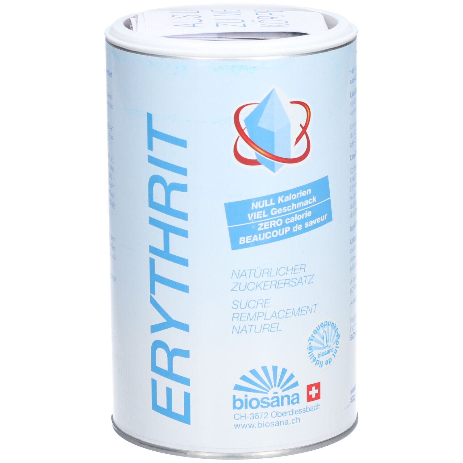 Boîte cylindrique avec étiquette bleue. Inscription : Erythrit, zéro calorie, beaucoup de saveur. Logo et nom de la marque.