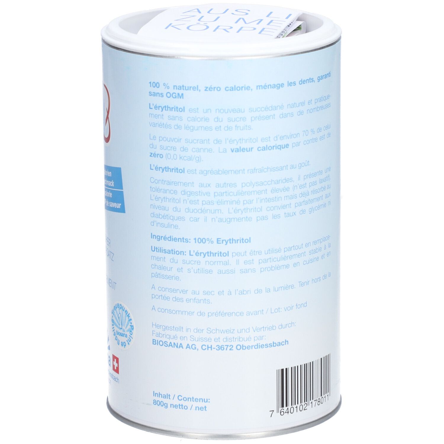 Boîte cylindrique avec étiquette bleue. Texte : 100% naturel, zéro calorie, respectueux des dents, sans OGM. Contenu 800g.