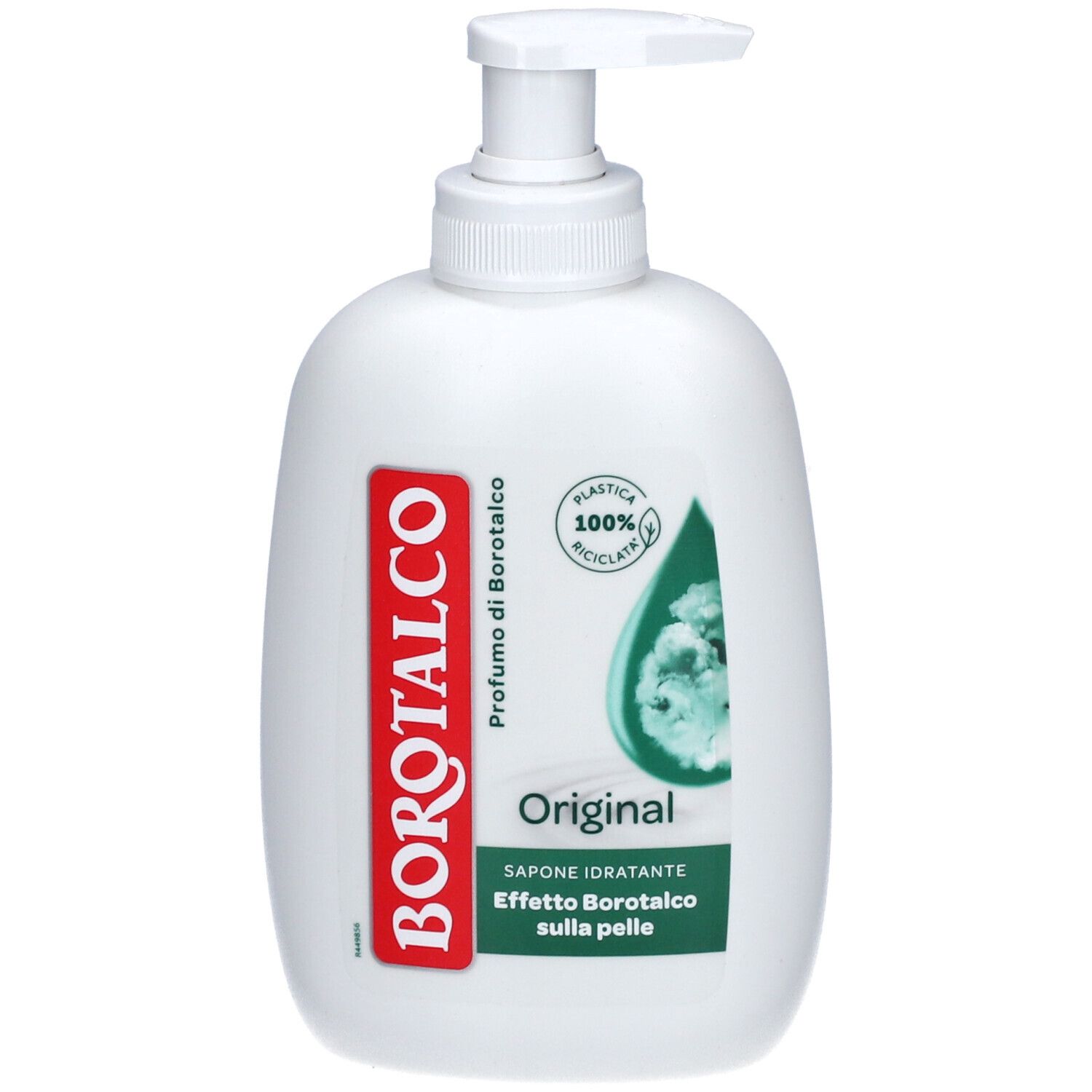 Flacon Borotalco blanc avec pompe. Inscription Borotalco en rouge. Inscription Original, Sapone Idratante. Plastique 100% recyclé.