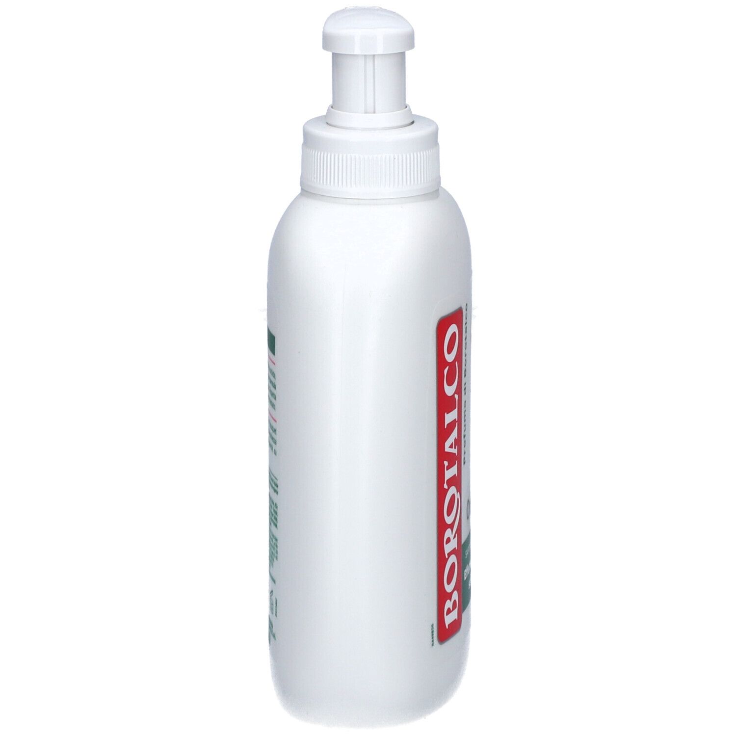 Flacon Borotalco blanc avec pompe. Inscription Borotalco en rouge. Informations produit vertes et blanches sur le côté.