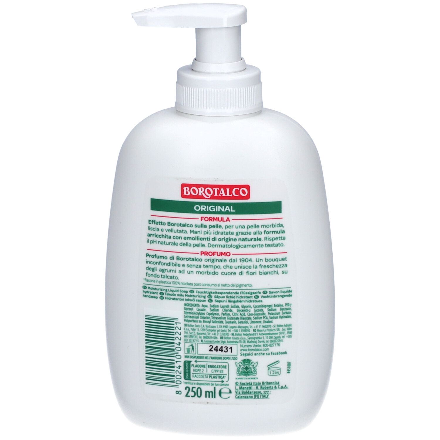 Dos d'un flacon Borotalco blanc avec pompe. Informations produit, code-barres et indication de volume 250 ml.