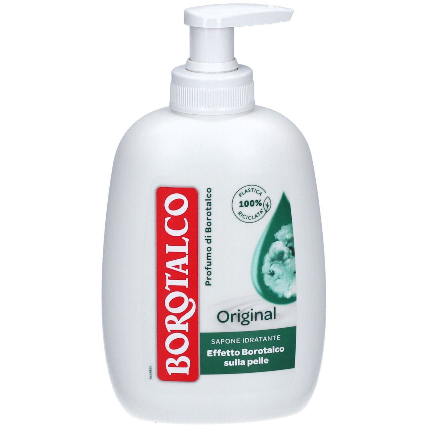Flacon Borotalco blanc avec pompe. Inscription Borotalco en rouge. Inscription Original, Sapone Idratante. Plastique 100% recyclé.