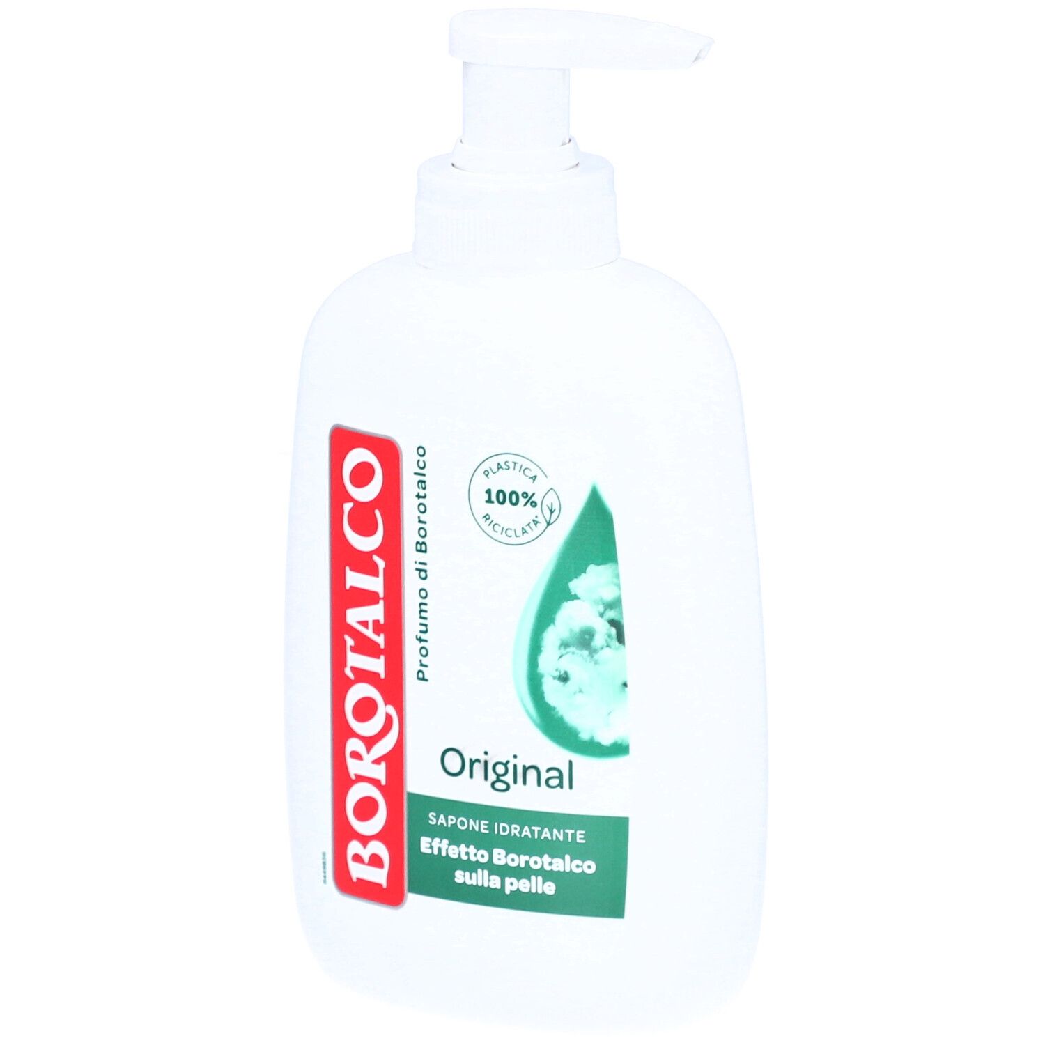 Flacon Borotalco blanc avec pompe. Inscription Borotalco en rouge. Inscription Original, Sapone Idratante. Plastique 100% recyclé.
