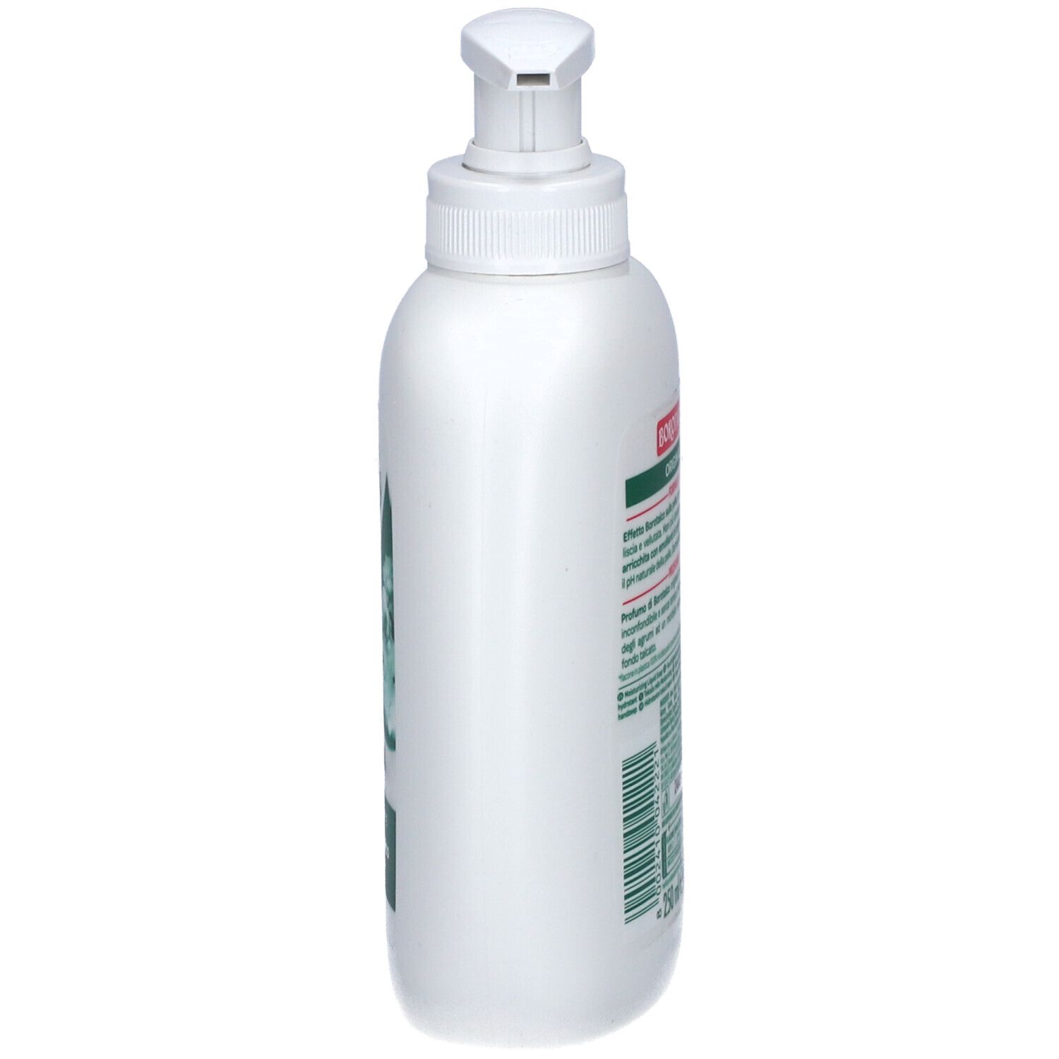Dos d'un flacon Borotalco blanc avec pompe. Informations produit et code-barres.