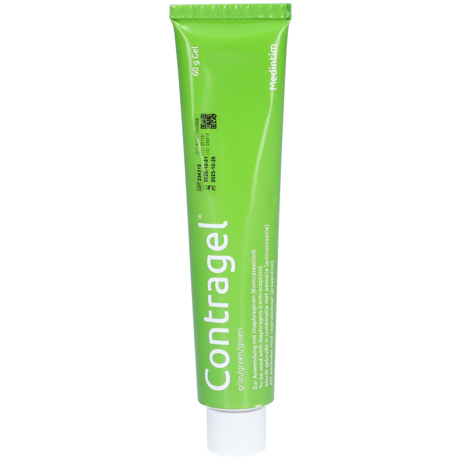 Grüne Tube mit weißem Verschluss. Aufschrift: Contragel, grün/green/groen. 60 g Gel. Hersteller: Medintim.