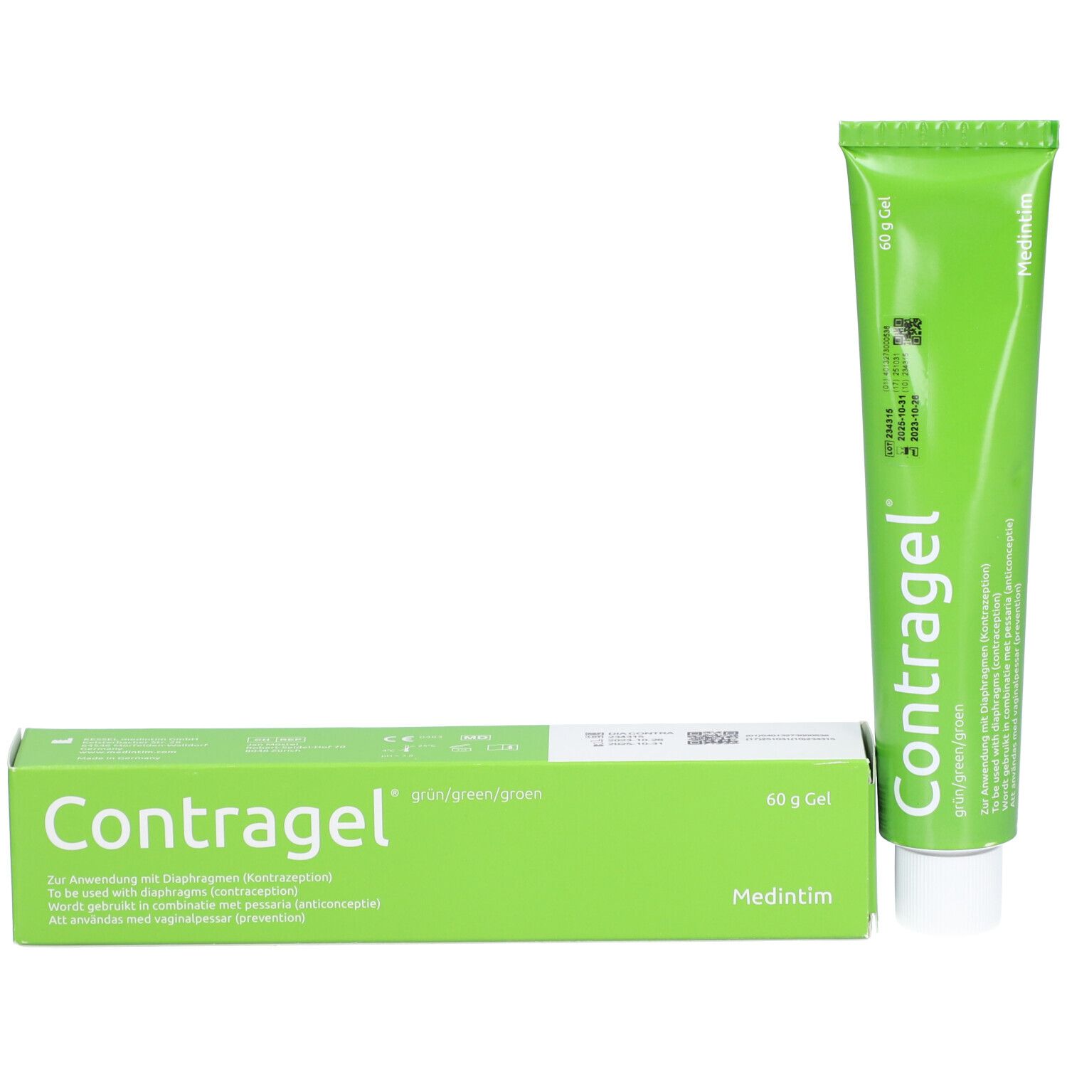 Grüne Tube und Schachtel. Aufschrift: Contragel, grün/green/groen. 60 g Gel. Hersteller: Medintim. Schachtel mit Produktinformationen.