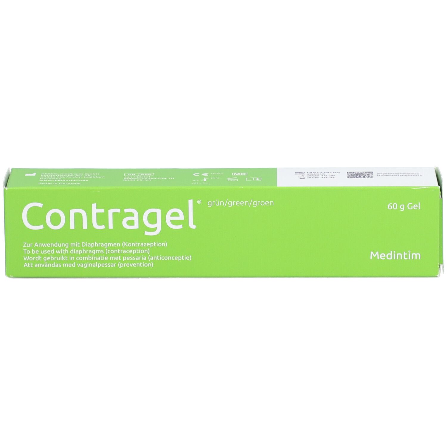 Grüne Schachtel. Aufschrift: Contragel, grün/green/groen. 60 g Gel. Hersteller: Medintim. Produktinformationen auf der Schachtel.