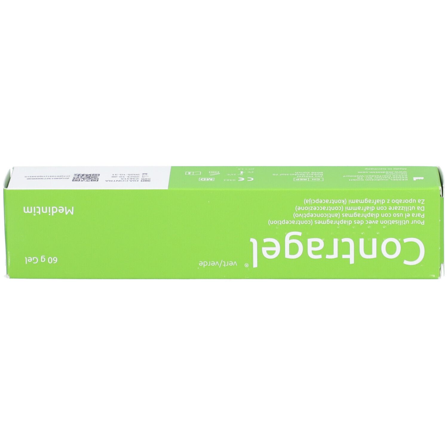 Grüne Schachtel. Aufschrift: Contragel, grün/green/groen. 60 g Gel. Hersteller: Medintim. Produktinformationen.