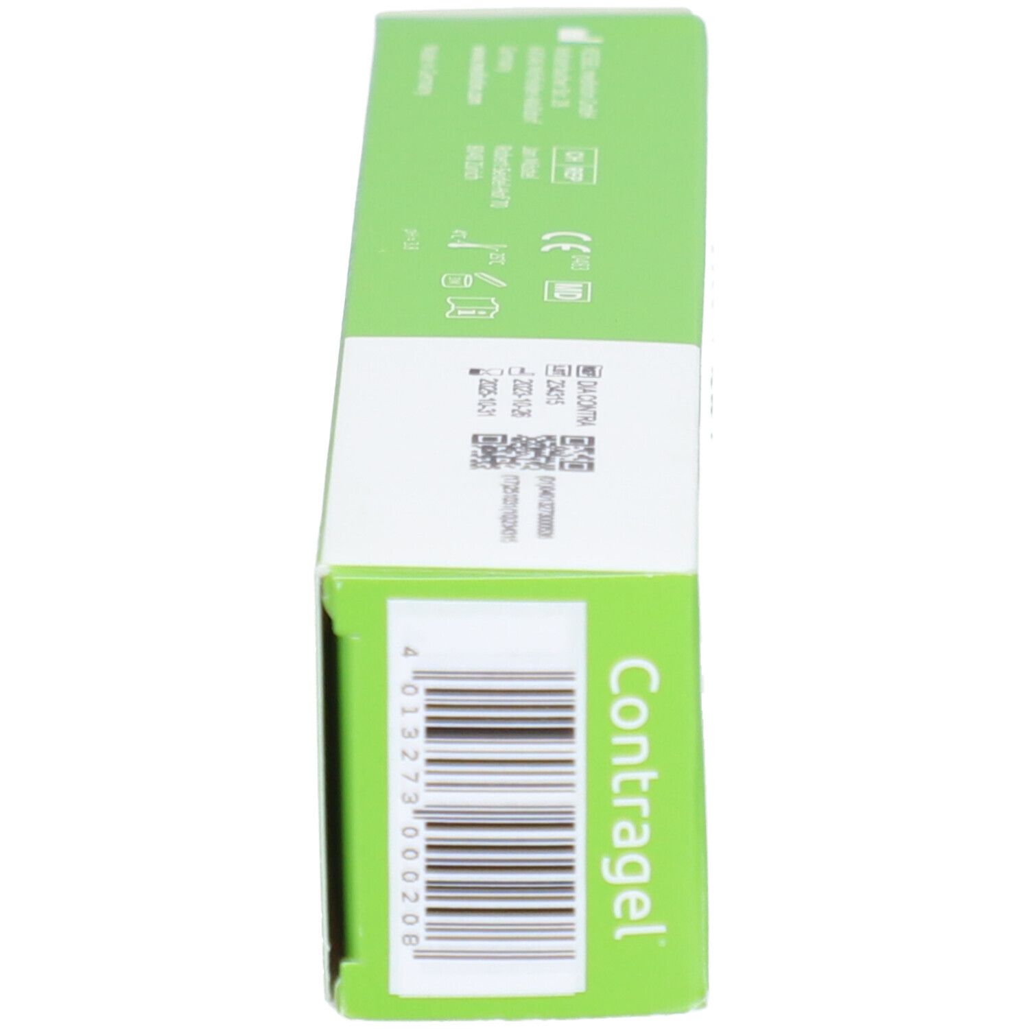 Grüne Schachtel, Seitenansicht. Aufschrift: Contragel. Barcode und Produktinformationen.