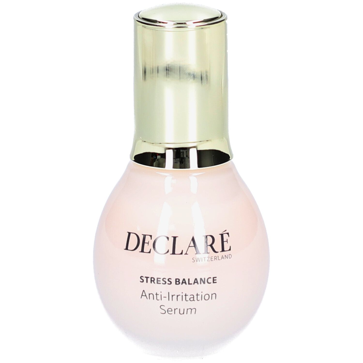 Deklaré Stress Balance Anti-Irritation Serum. Rosa Flasche mit goldfarbenem Deckel. Beschriftung: DECLARÉ, Stress Balance, Anti-Irritation Serum.