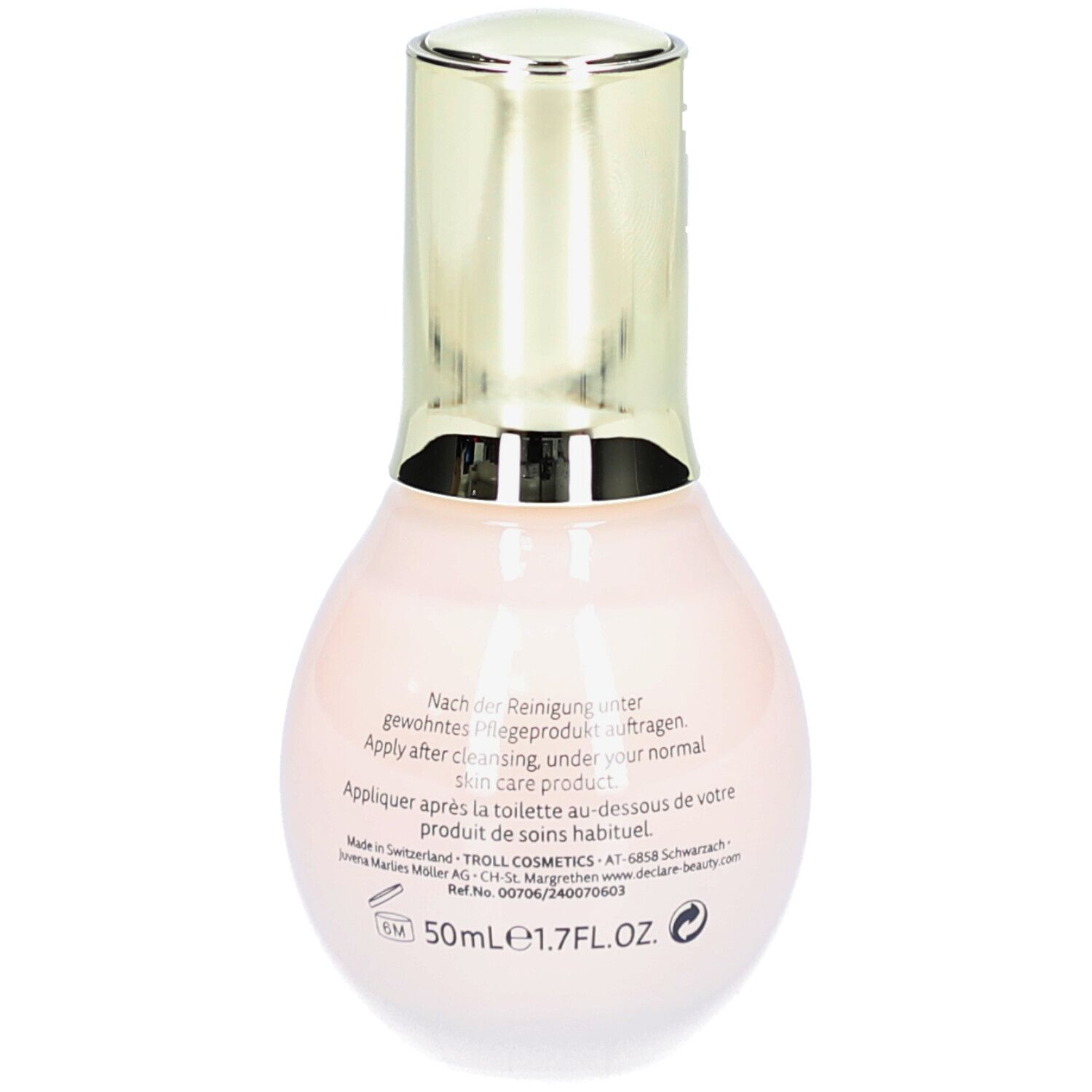 Deklaré Stress Balance Anti-Irritation Serum. Rückansicht der rosa Flasche mit goldfarbenem Deckel. Text und Angaben.