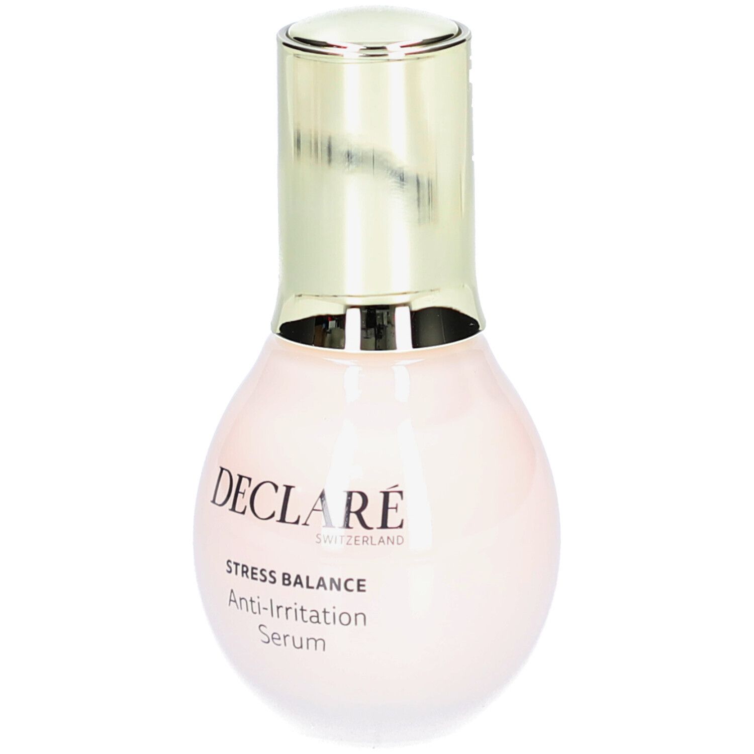 Deklaré Stress Balance Anti-Irritation Serum. Rosa Flasche mit goldfarbenem Deckel. Beschriftung: DECLARÉ, Stress Balance, Anti-Irritation Serum.