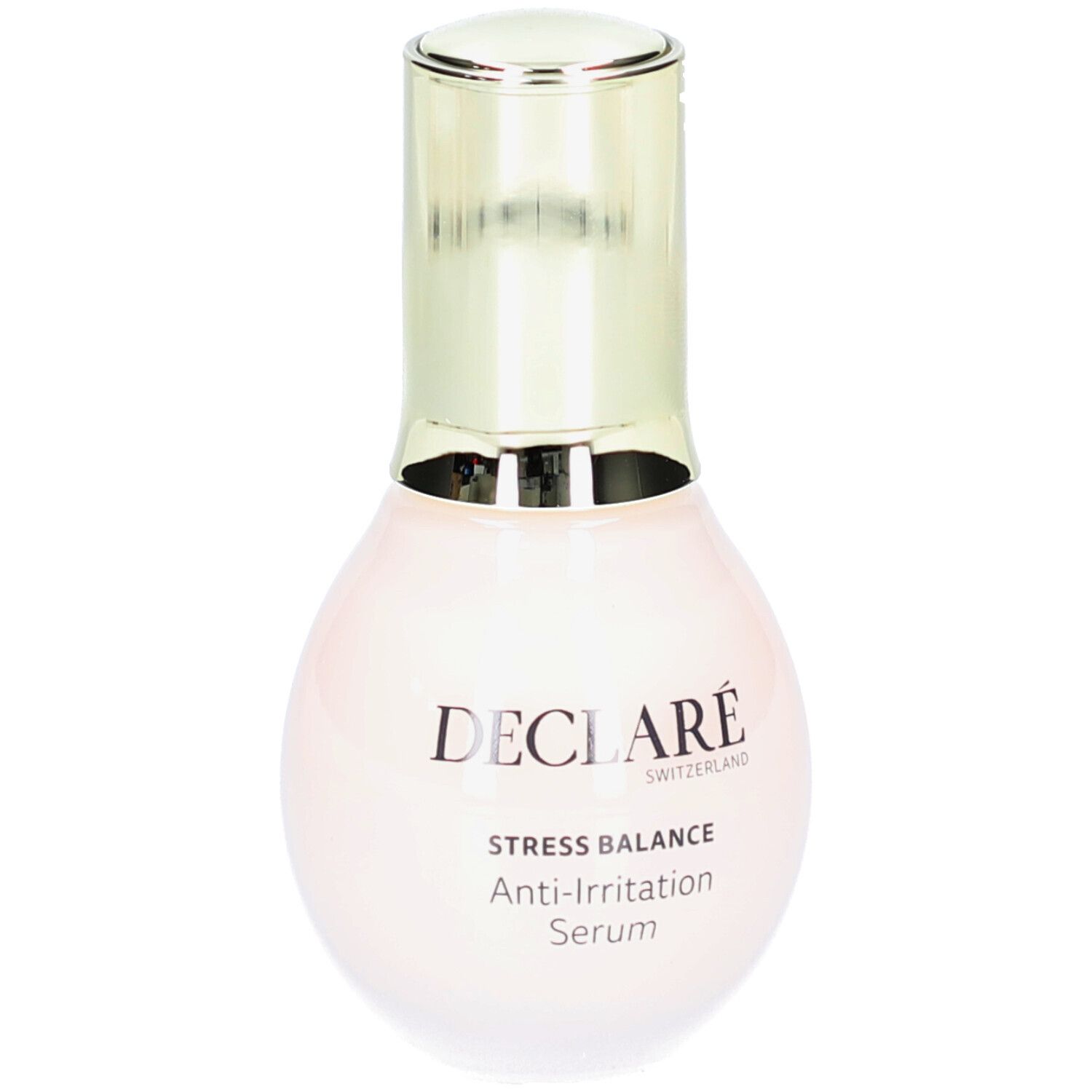 Deklaré Stress Balance Anti-Irritation Serum. Rosa Flasche mit goldfarbenem Deckel. Beschriftung: DECLARÉ, Stress Balance, Anti-Irritation Serum.