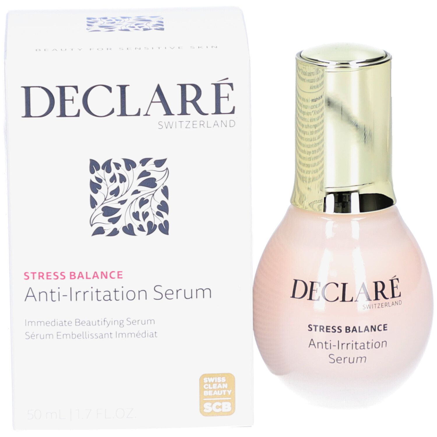Deklaré Stress Balance Anti-Irritation Serum und Verpackung. Weiße Schachtel, rosa Flasche mit goldfarbenem Deckel.