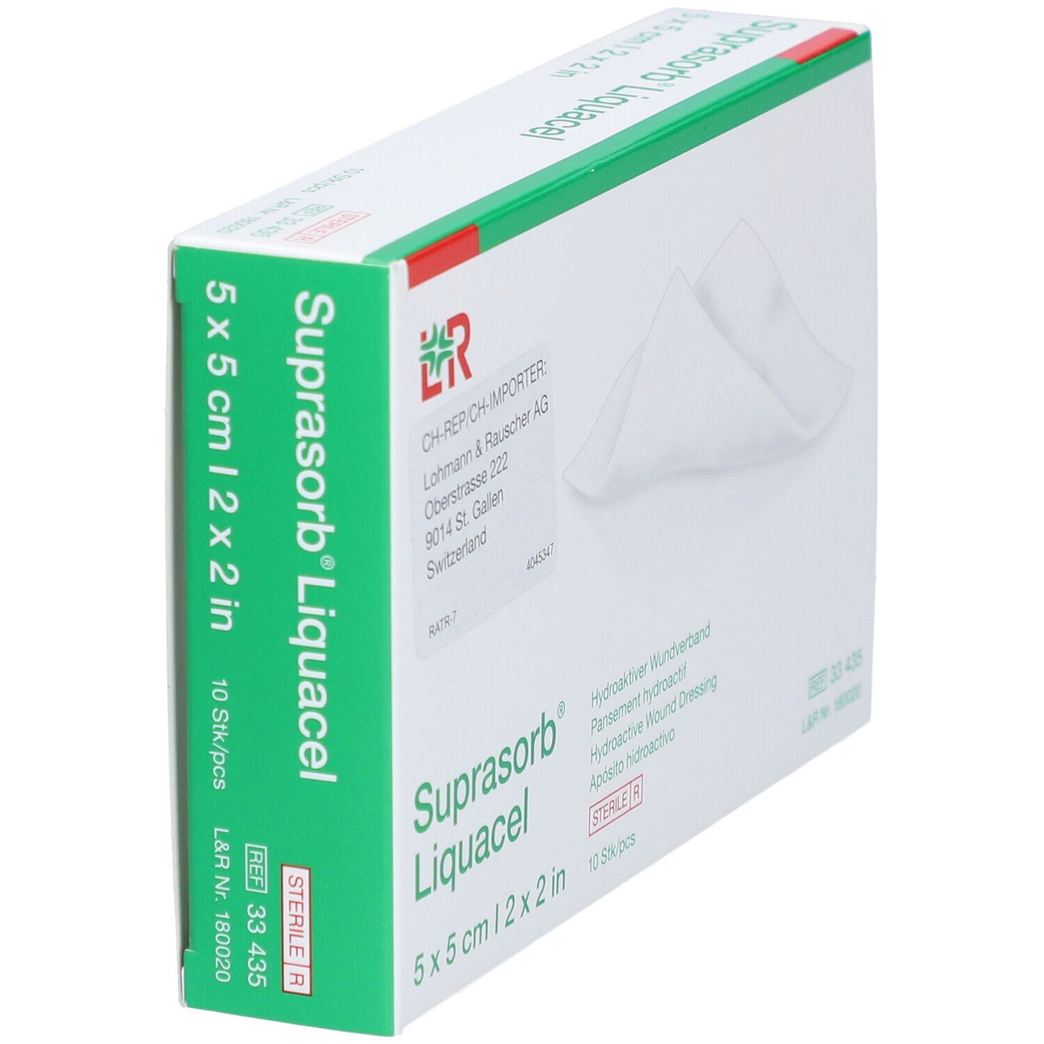 Schräg gestellte Verpackung von Suprasorb Liquacel, 5 x 5 cm. 10 Stück. Sterile.