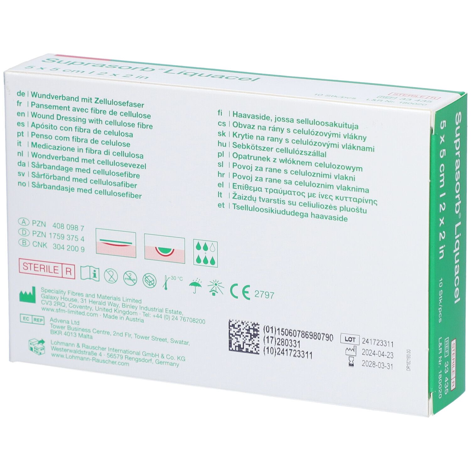 Rückseite der Verpackung von Suprasorb Liquacel. Informationen zu Inhaltsstoffen und Zertifizierungen.