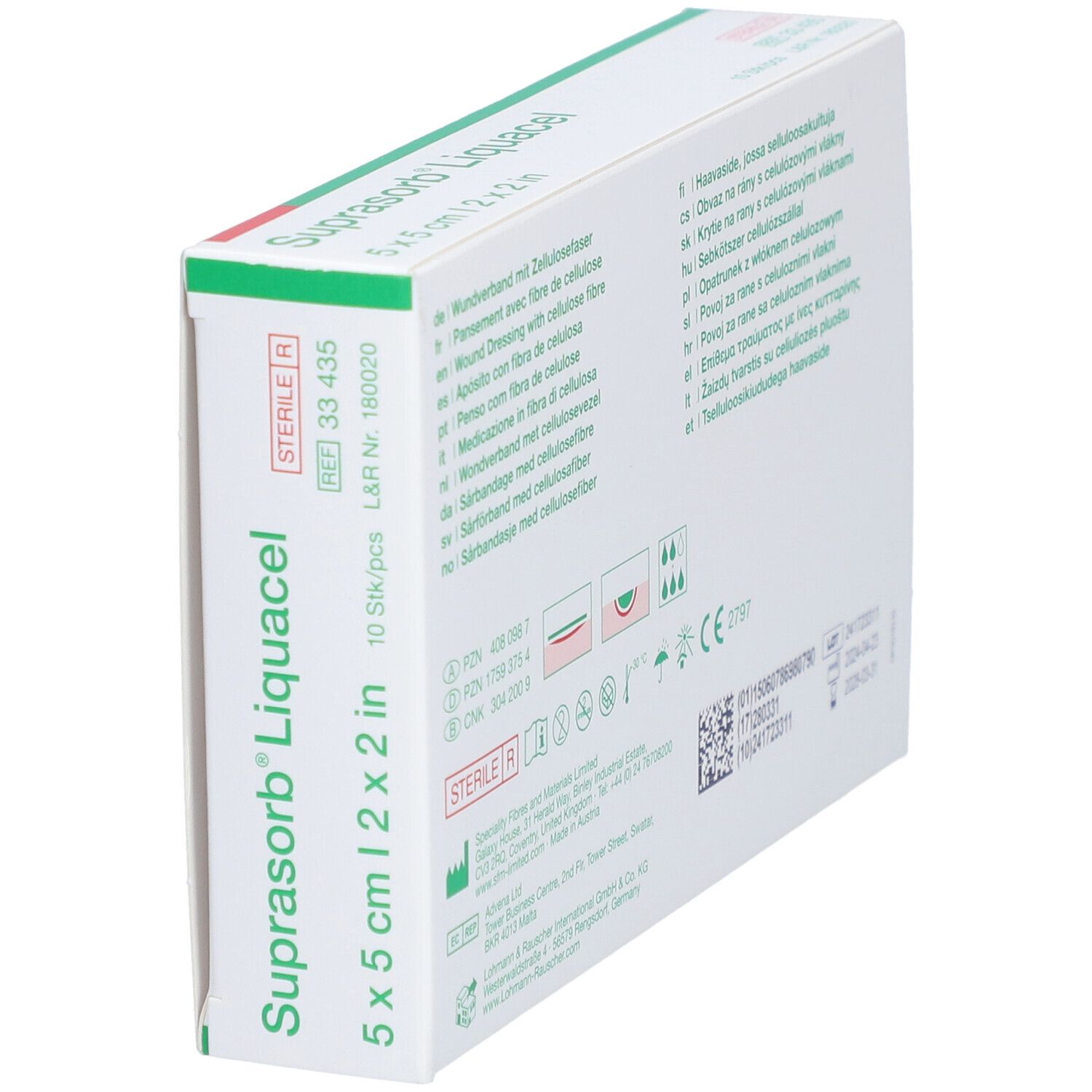 Schräg gestellte Verpackung von Suprasorb Liquacel, 5 x 5 cm. 10 Stück. Sterile.