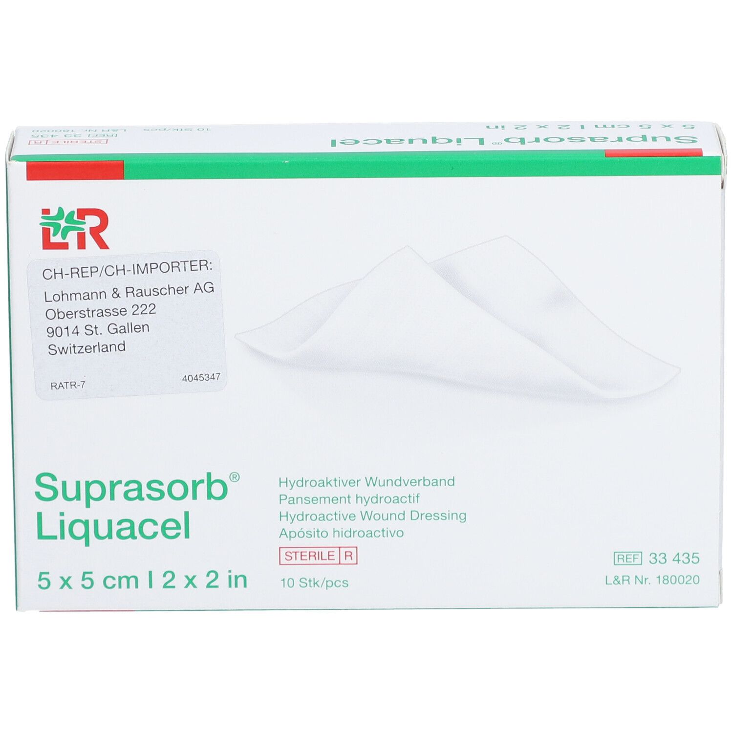 Verpackung von Suprasorb Liquacel, 5 x 5 cm. Hydroaktiver Wundverband. 10 Stück. Sterile.