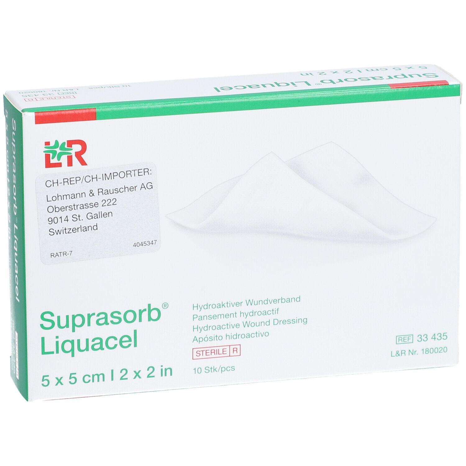 Verpackung von Suprasorb Liquacel, 5 x 5 cm. Hydroaktiver Wundverband. 10 Stück. Sterile.