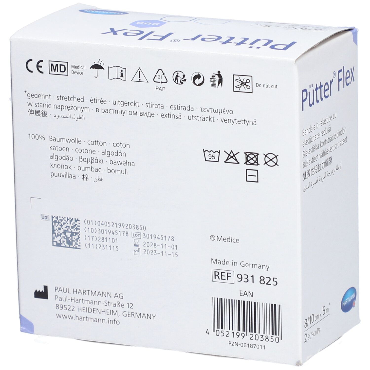 Dos de l'emballage Pütter Flex. Informations sur le matériau, les instructions de lavage, le fabricant et les certifications.