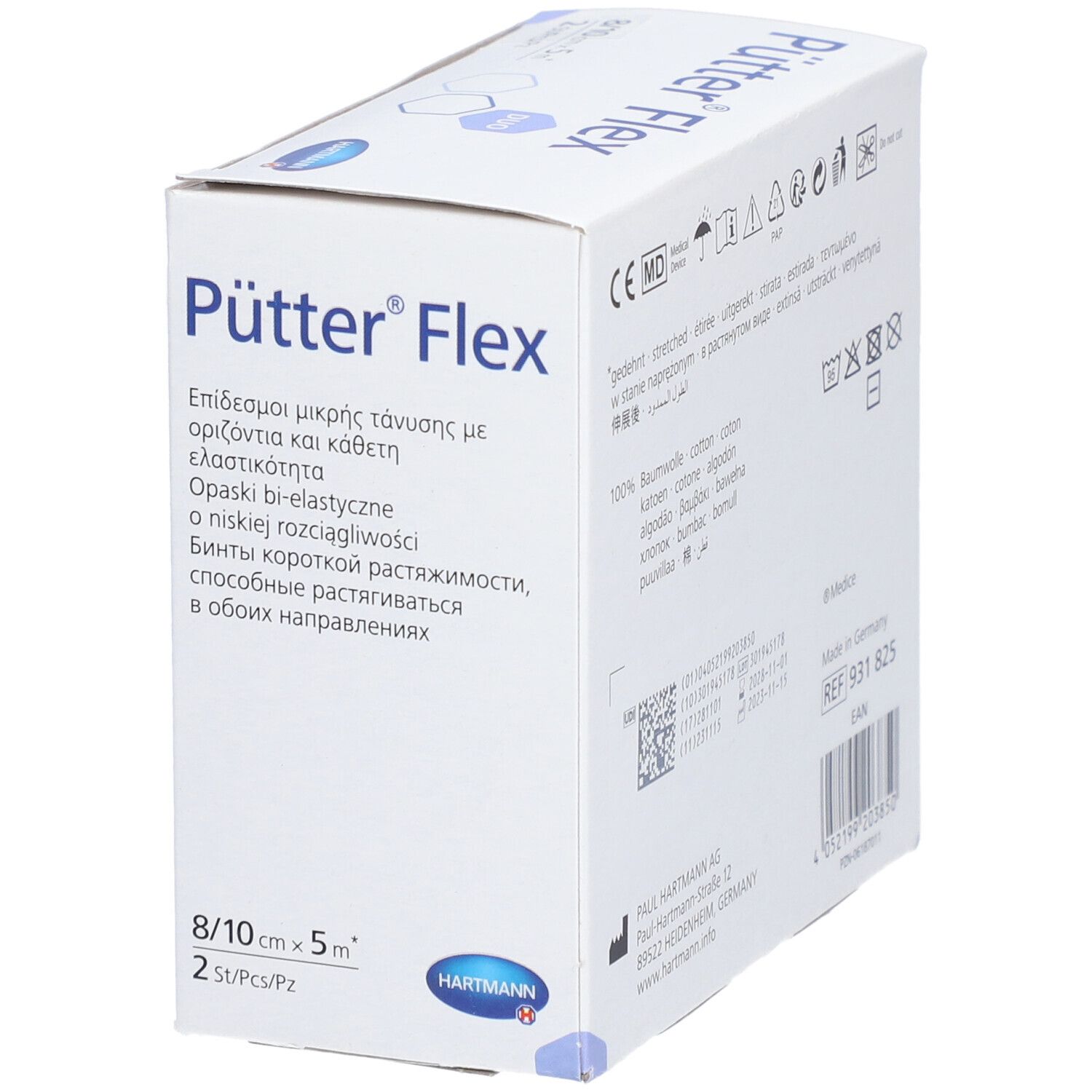 Emballage de Pütter Flex. Informations en plusieurs langues. Taille : 8/10 cm x 5 m.