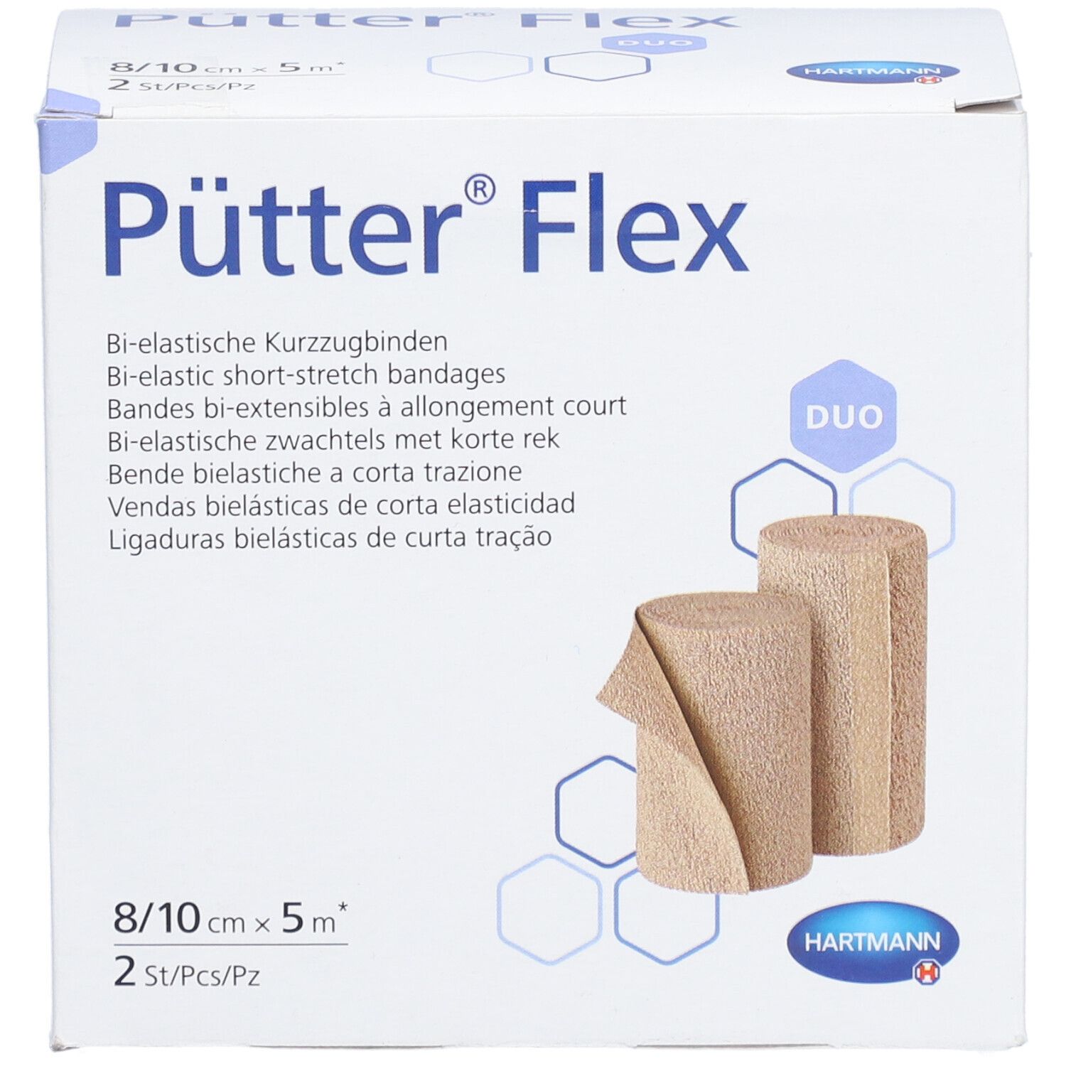 Boîte de bandages Pütter Flex Duo. Deux bandages sont représentés. Taille : 8/10 cm x 5 m.
