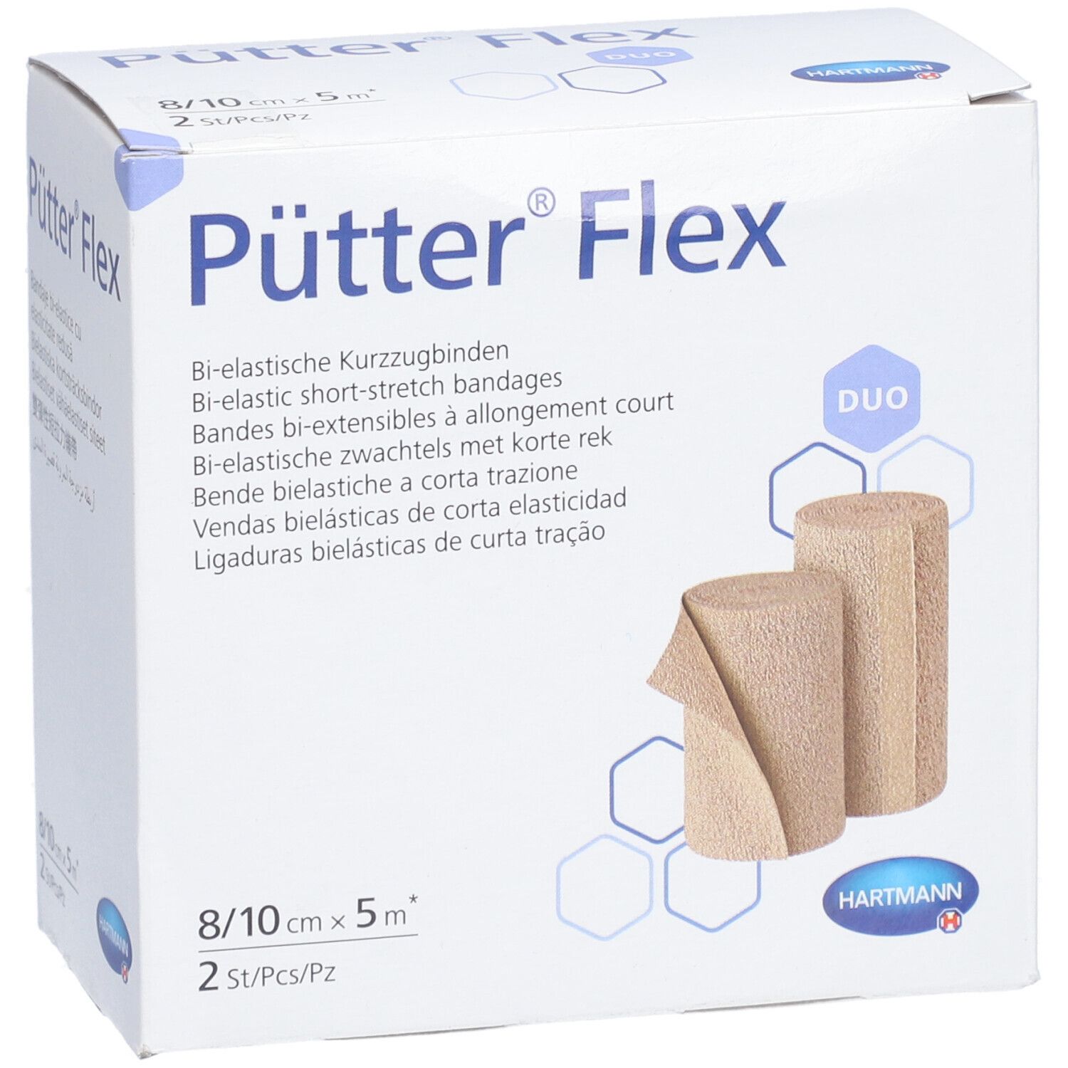 Boîte de bandages Pütter Flex Duo. Deux bandages sont représentés. Taille : 8/10 cm x 5 m.